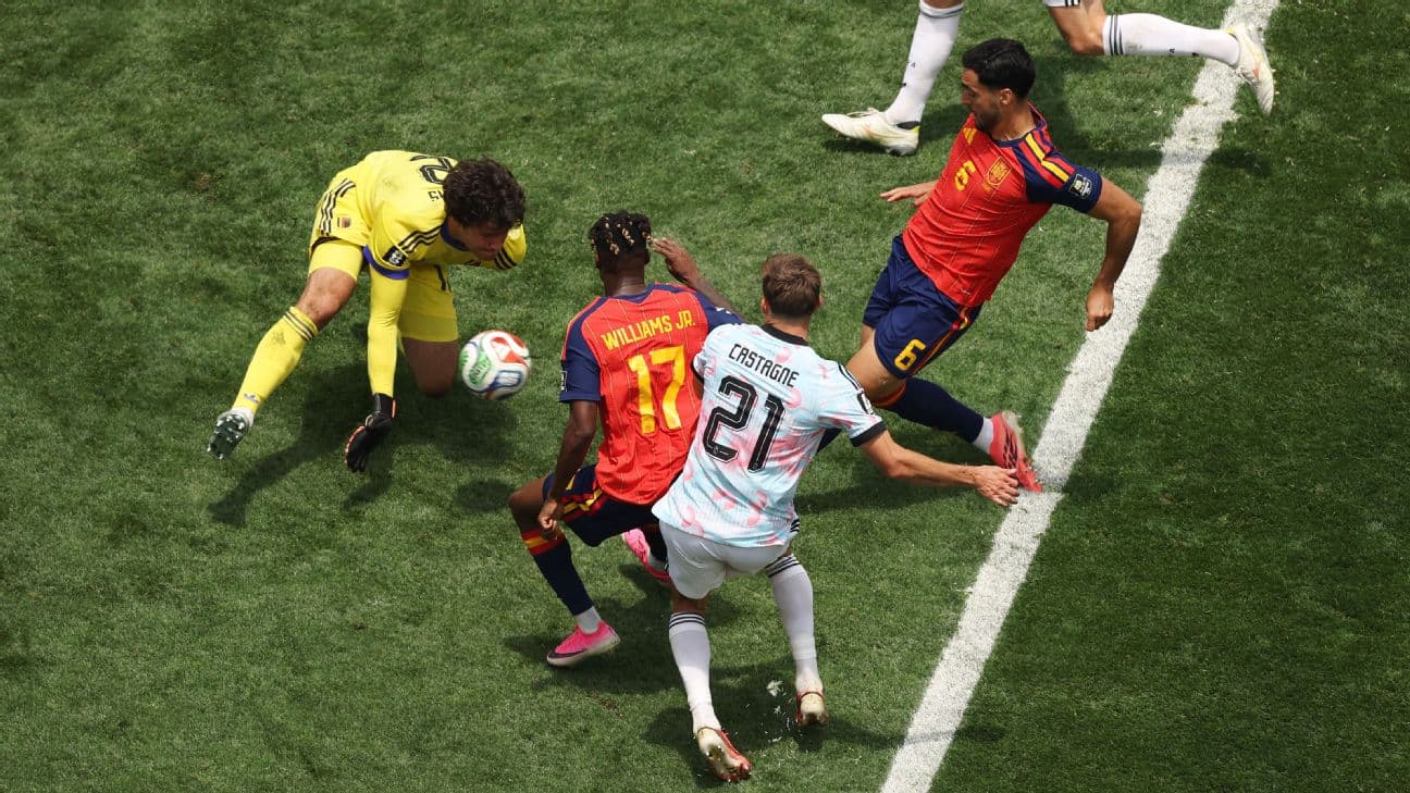 Mikel Merino #6 of Spain scores his team's second goal past Senne Lammens #12 of Belgium during the FIFA World Cup 2026 Quarter Final match between Spain and Belgium
 [1296x729]