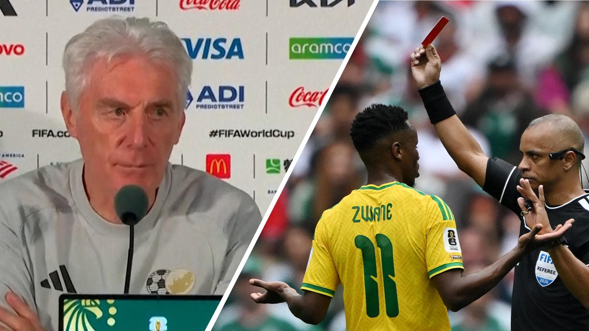 South Africa manager Broos criticises 'soft' red card in opening game.