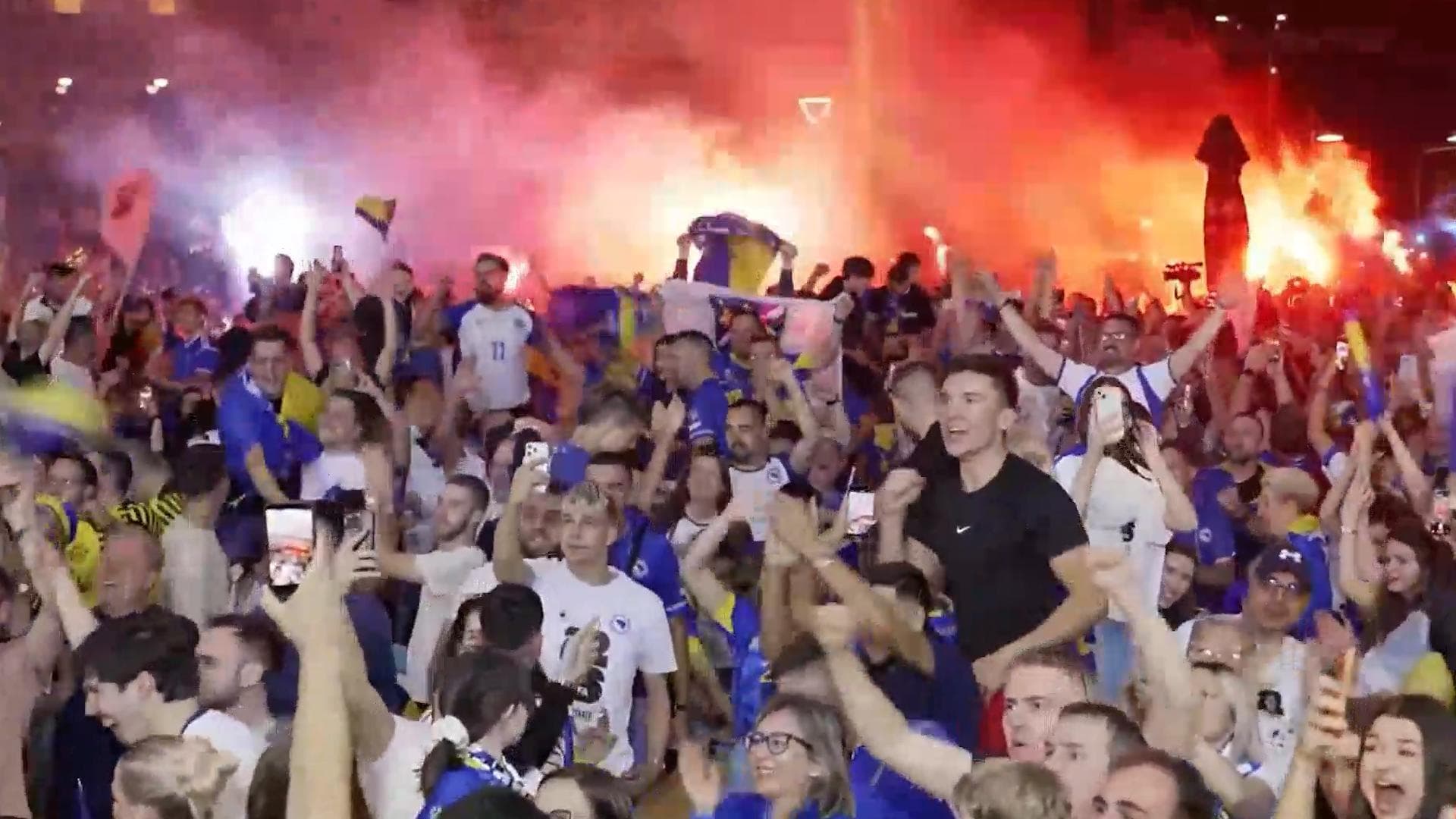 Bosnia fan zone celebrates taking the lead vs. Canada by setting off flares