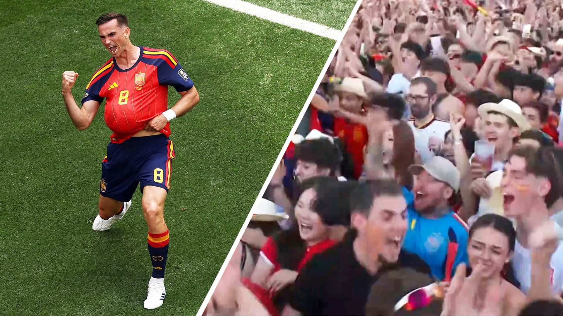 Spanish fans celebrate Ruiz's goal for Spain vs. Belgium