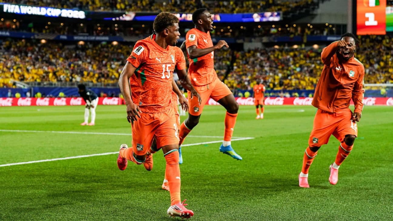 Ivory Coast players celebrate after scoring a goal against Ecuador at the World Cup.