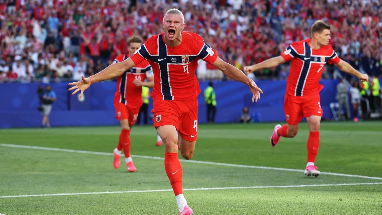 Erling Haaland #9 of Norway celebrates scoring his team's first goal