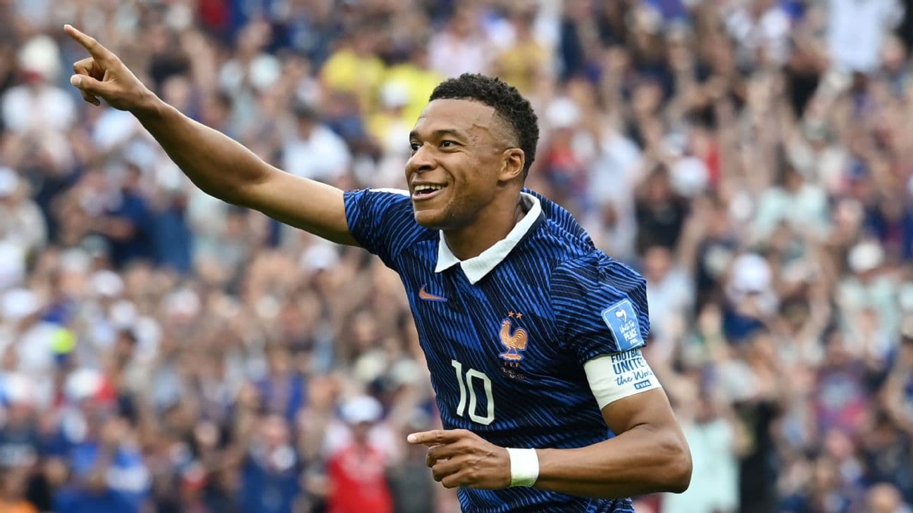 Kylian Mbappe of France celebrates scoring his team's first goal during the FIFA World Cup 2026 Group I match between France and Iraq at Philadelphia Stadium on June 22, 2026 in Philadelphia, Pennsylvania.
