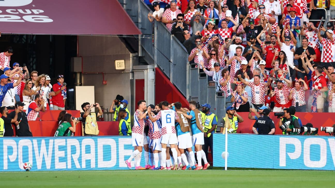 Croatia players celebrate after scoring a goal against Panama at the World Cup.