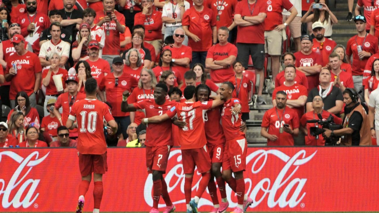 Switzerland celebrate as Johan Manzambi scores their second goal against Canada.