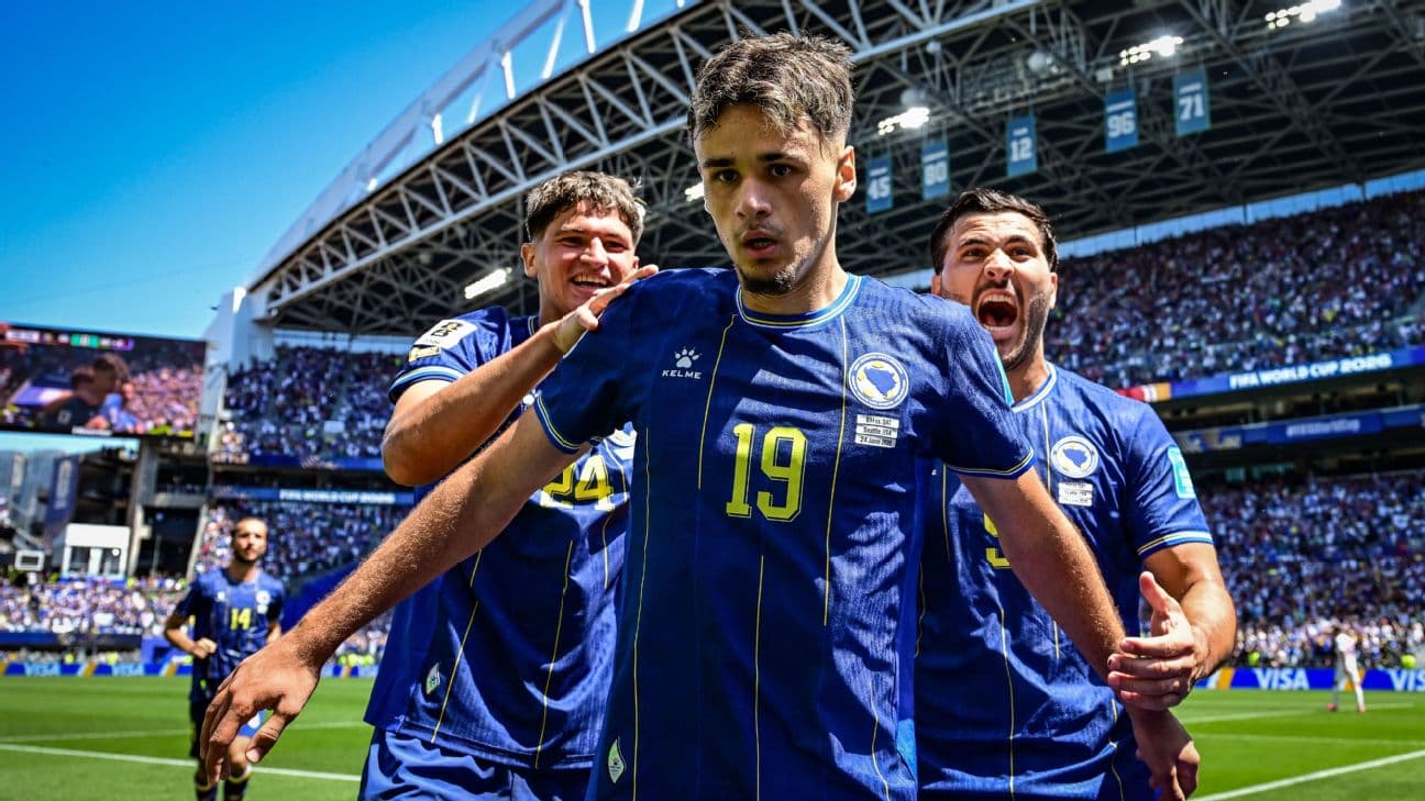 Bosnia-Herzegovina players celebrate after scoring a goal against Qatar at the World Cup.