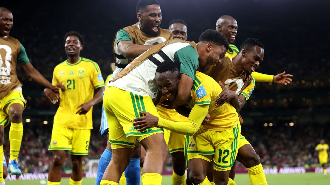 South Africa celebrate Thapelo Maseko's goal against South Korea.