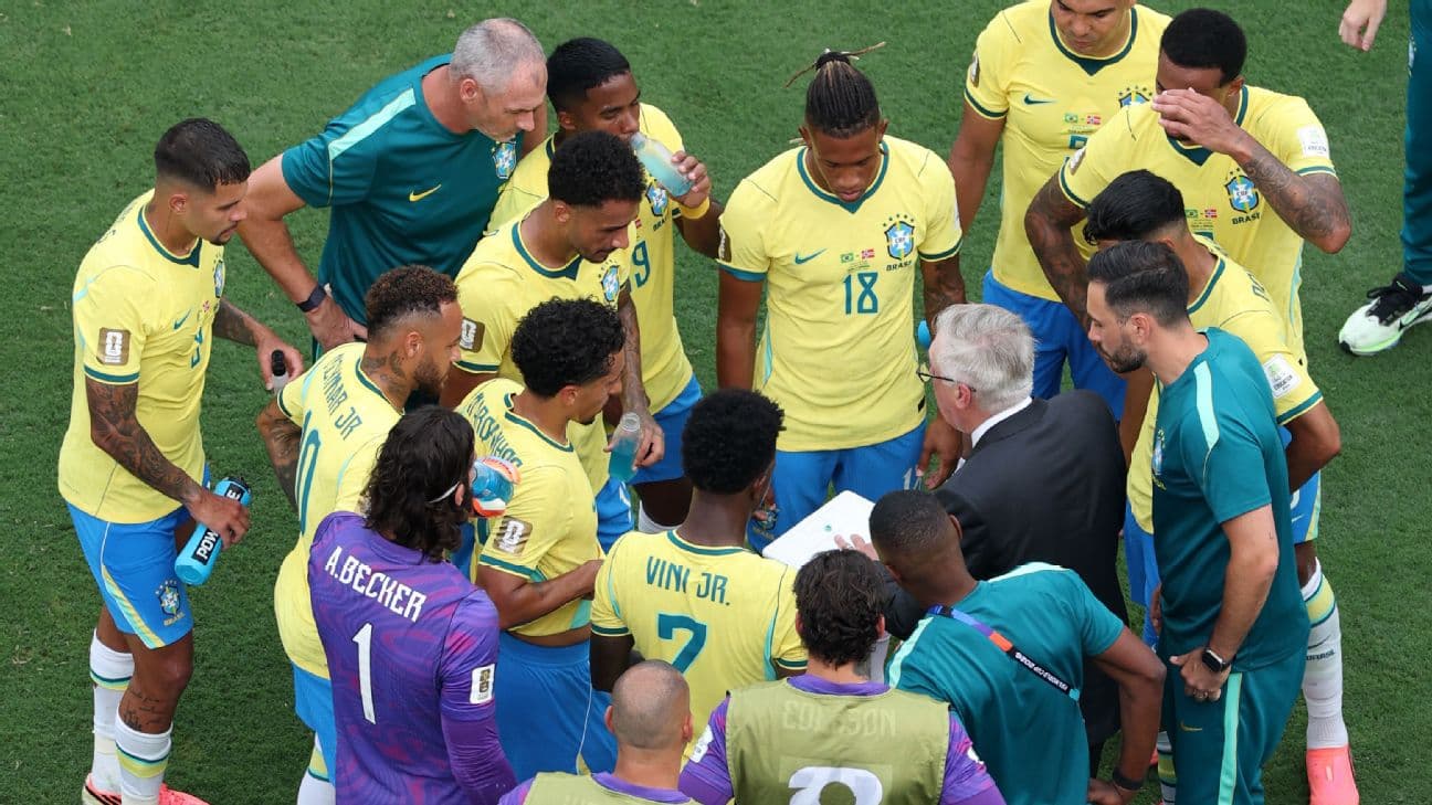 Carlo Ancelotti with his Brazil players during a World Cup hydration break.